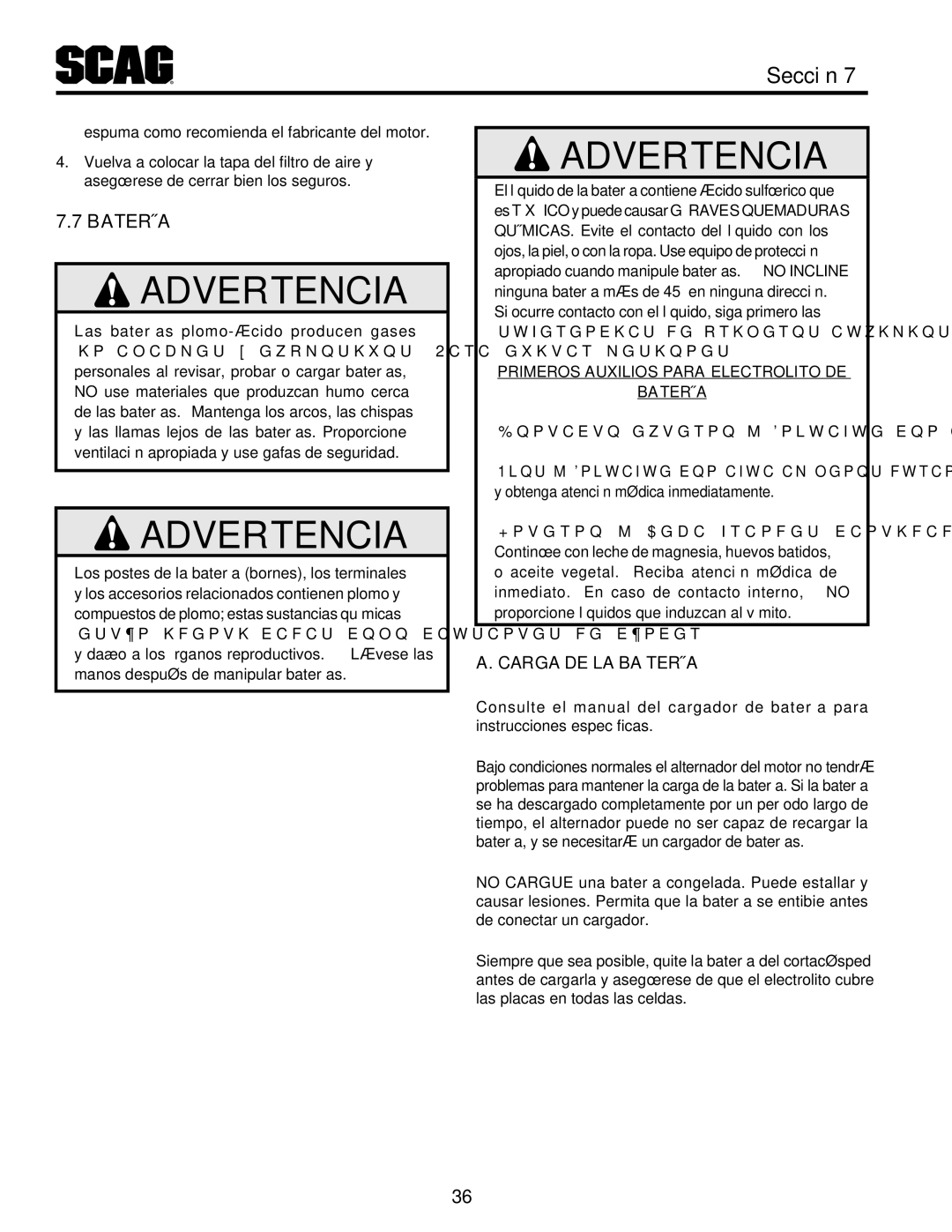 Scag Power Equipment STT-31EFI-SS operating instructions Batería la de Carga .A, Agua con Enjuague externo Contacto 