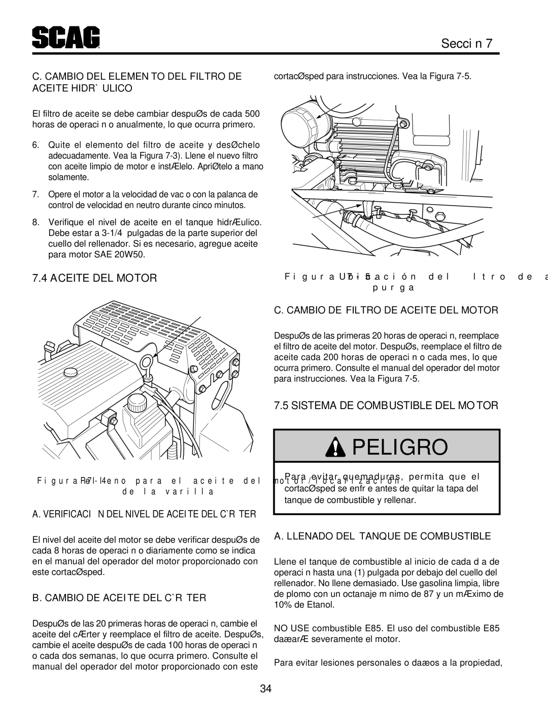 Scag Power Equipment STT-31EFI-SS operating instructions Motor del combustible de Sistema, Motor del Aceite 