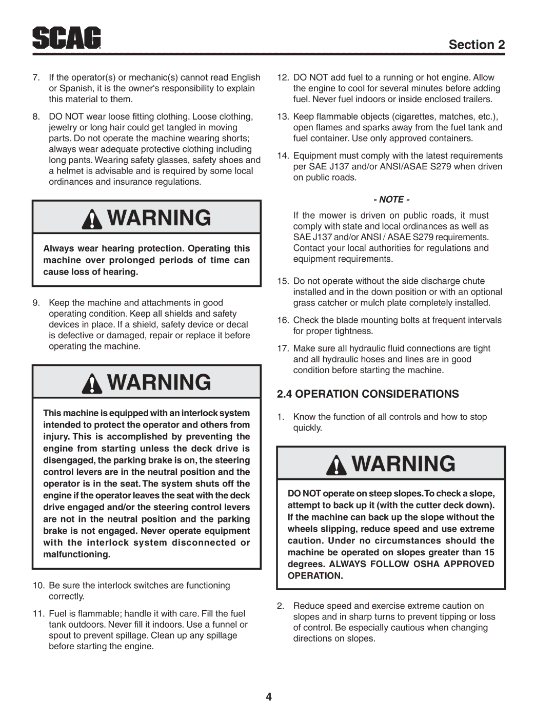 Scag Power Equipment STT-31EFI-SS operating instructions Operation Considerations 