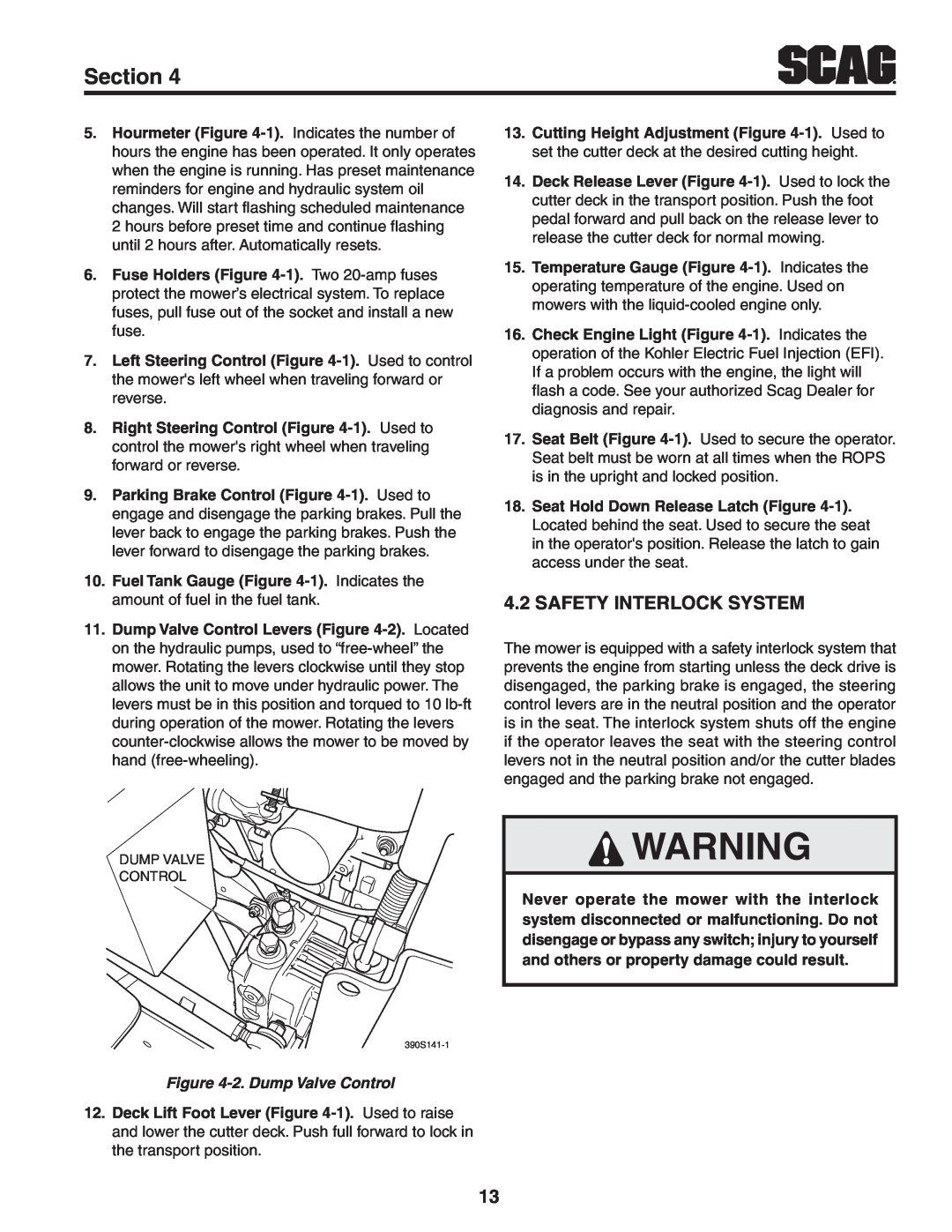 Scag Power Equipment STT-31EFI-SS operating instructions Safety Interlock System, Section, 2. Dump Valve Control 