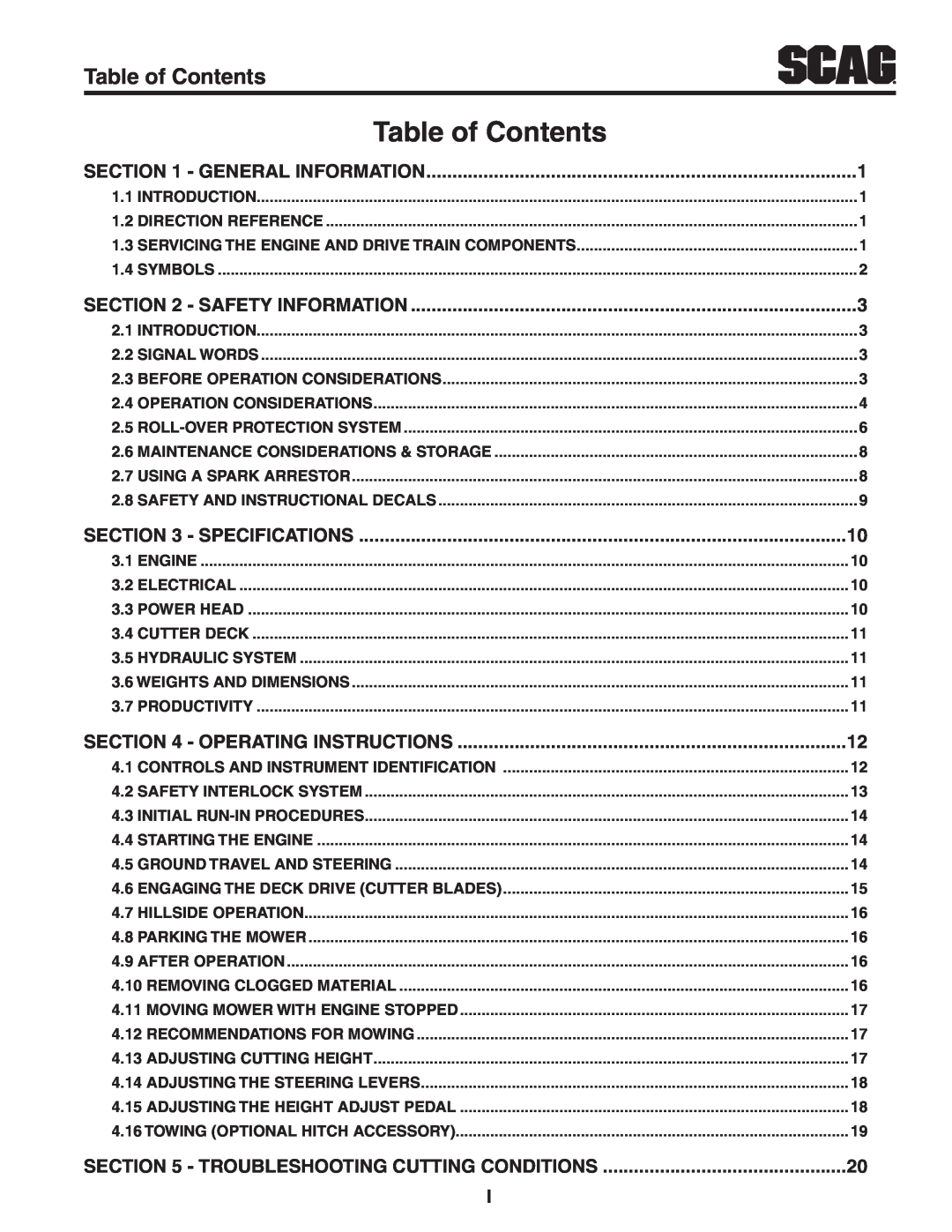 Scag Power Equipment STT-31EFI-SS Table of Contents, General Information, Safety Information, Specifications 