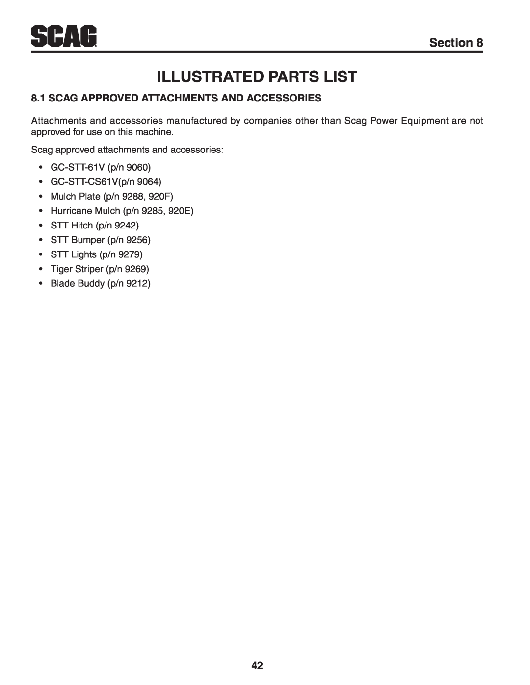 Scag Power Equipment STT-31EFI-SS Illustrated Parts List, Scag Approved Attachments And Accessories, Section 