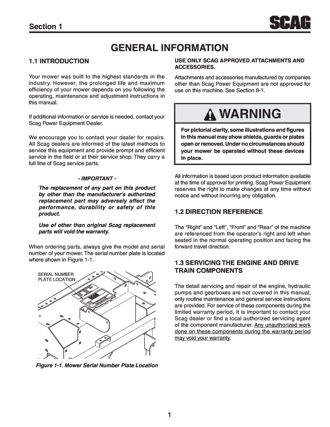 Scag Power Equipment STT-31EFI-SS operating instructions General Information, Section, Introduction, Direction Reference 