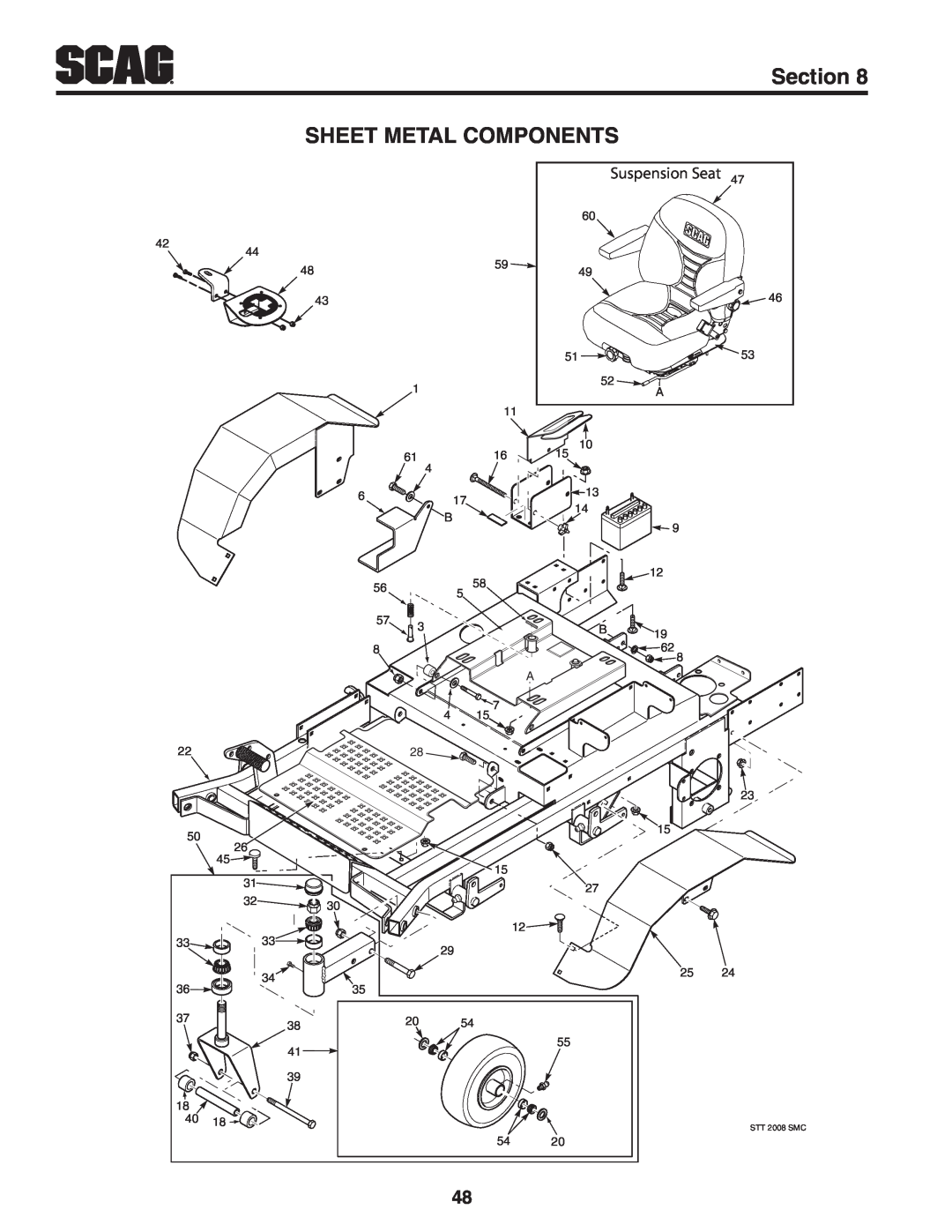 Scag Power Equipment STT-31EFI-SS operating instructions Sheet Metal Components, Section, Suspension Seat, STT 2008 SMC 