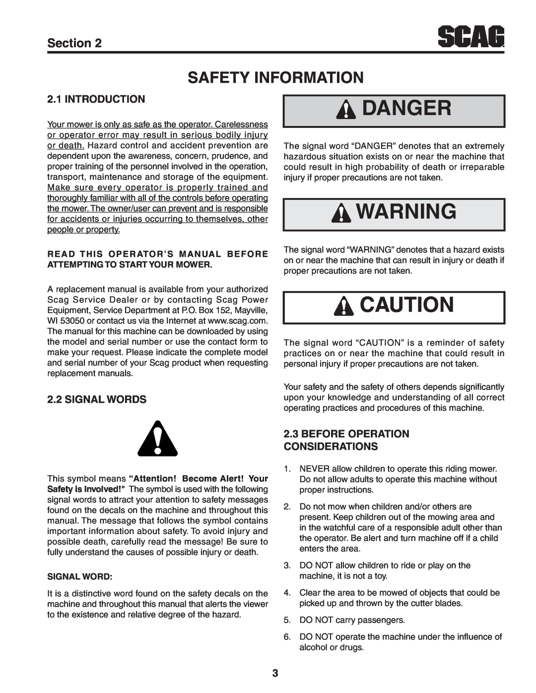 Scag Power Equipment STT-31EFI-SS Danger, Safety Information, Introduction, Signal Words, Before Operation Considerations 