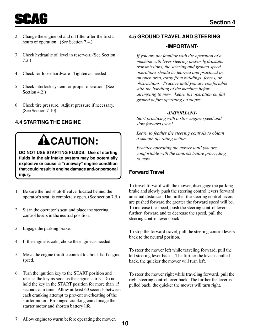 Scag Power Equipment STT manual Ground Travel and Steering, Starting the Engine, Forward Travel 