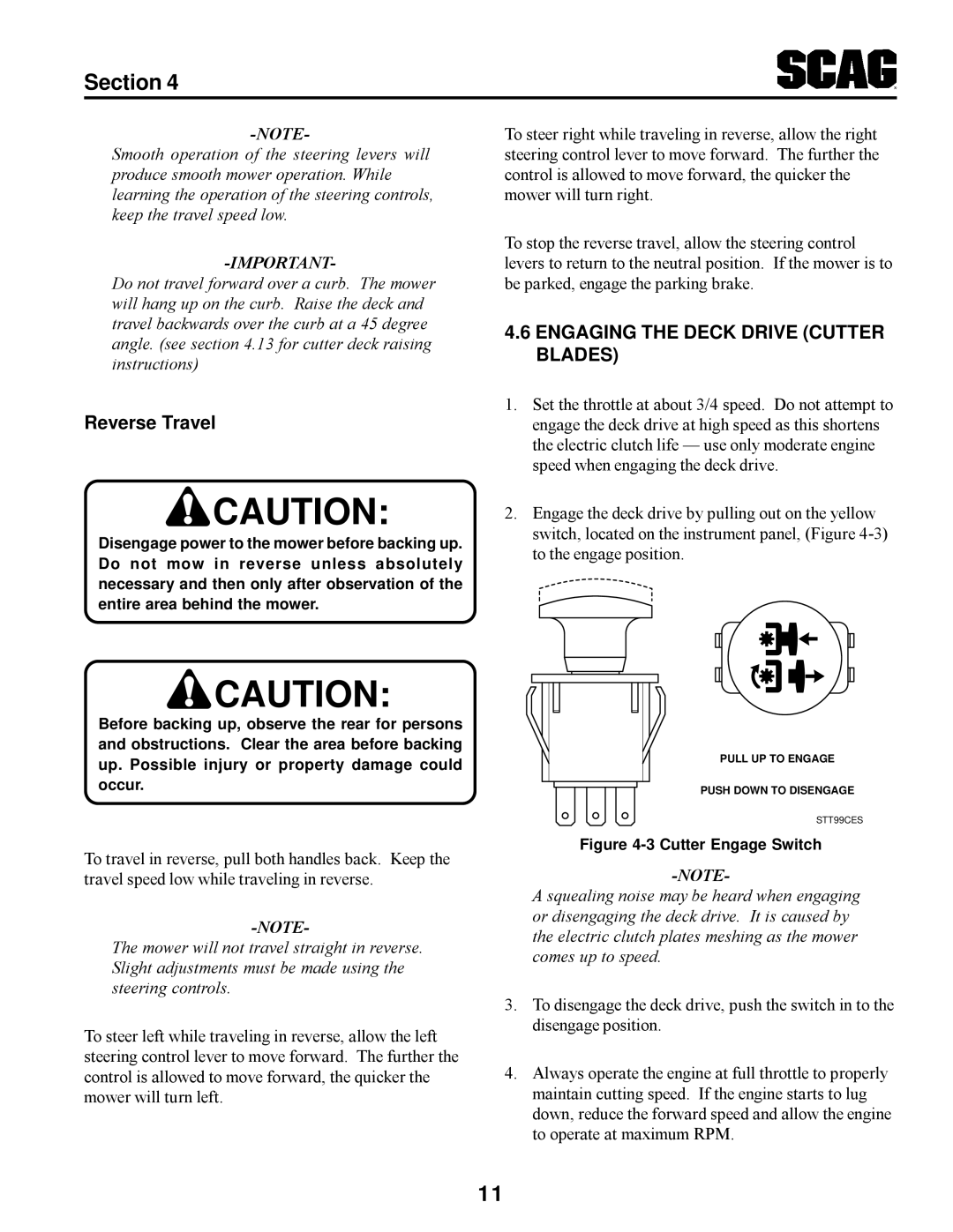 Scag Power Equipment STT manual Reverse Travel, Engaging the Deck Drive Cutter Blades 