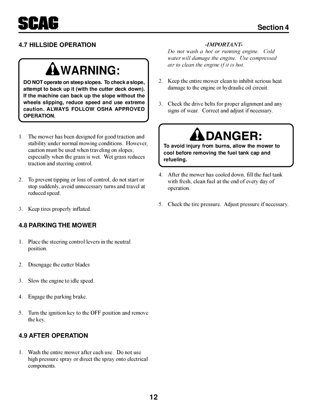 Scag Power Equipment STT manual Hillside Operation, Parking the Mower, After Operation 