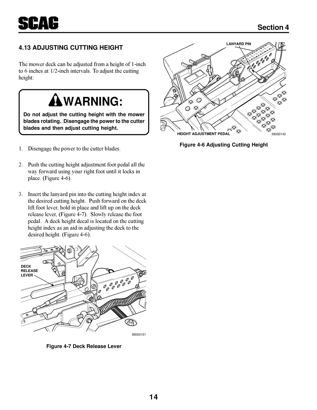 Scag Power Equipment STT manual Adjusting Cutting Height, Deck Release Lever 