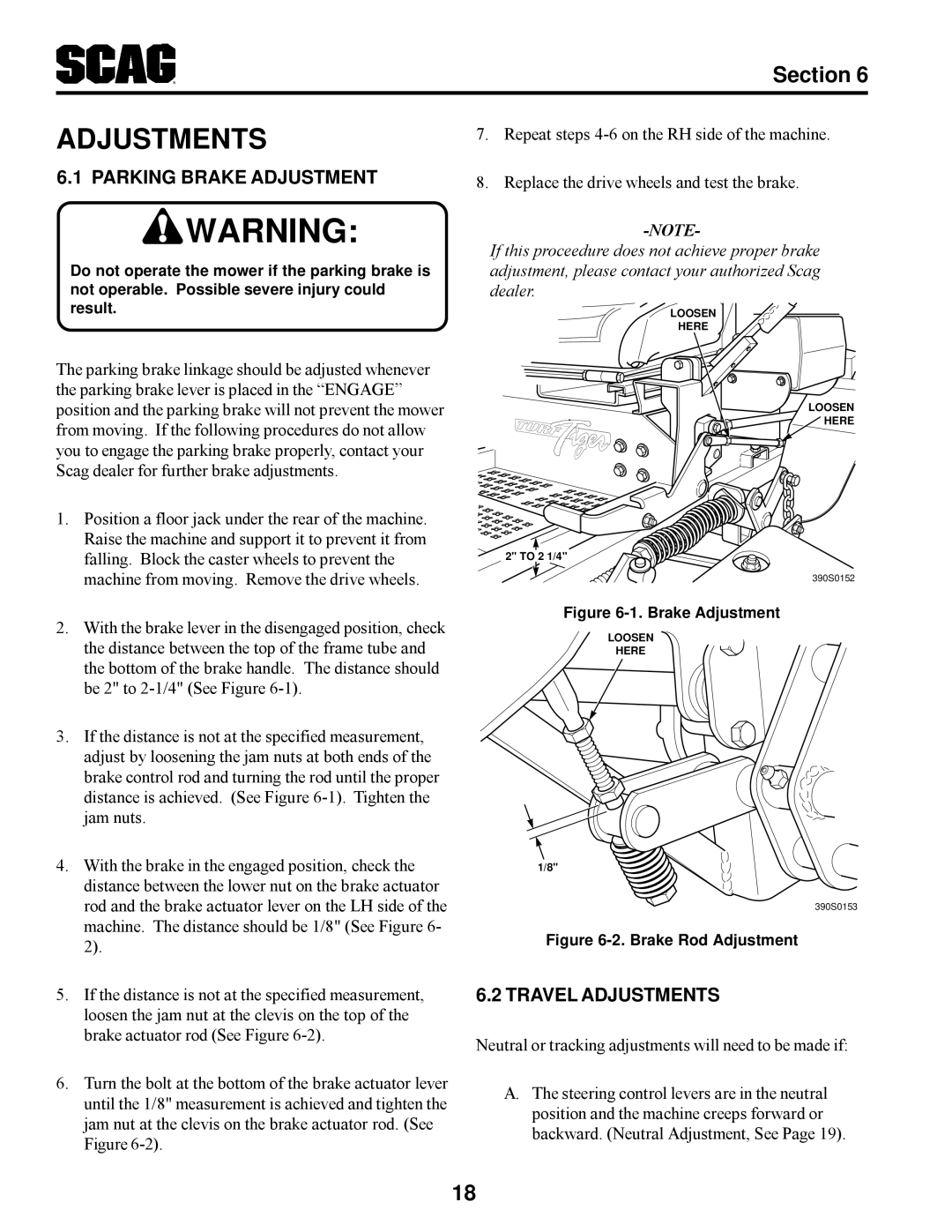 Scag Power Equipment STT manual Parking Brake Adjustment, Travel Adjustments 