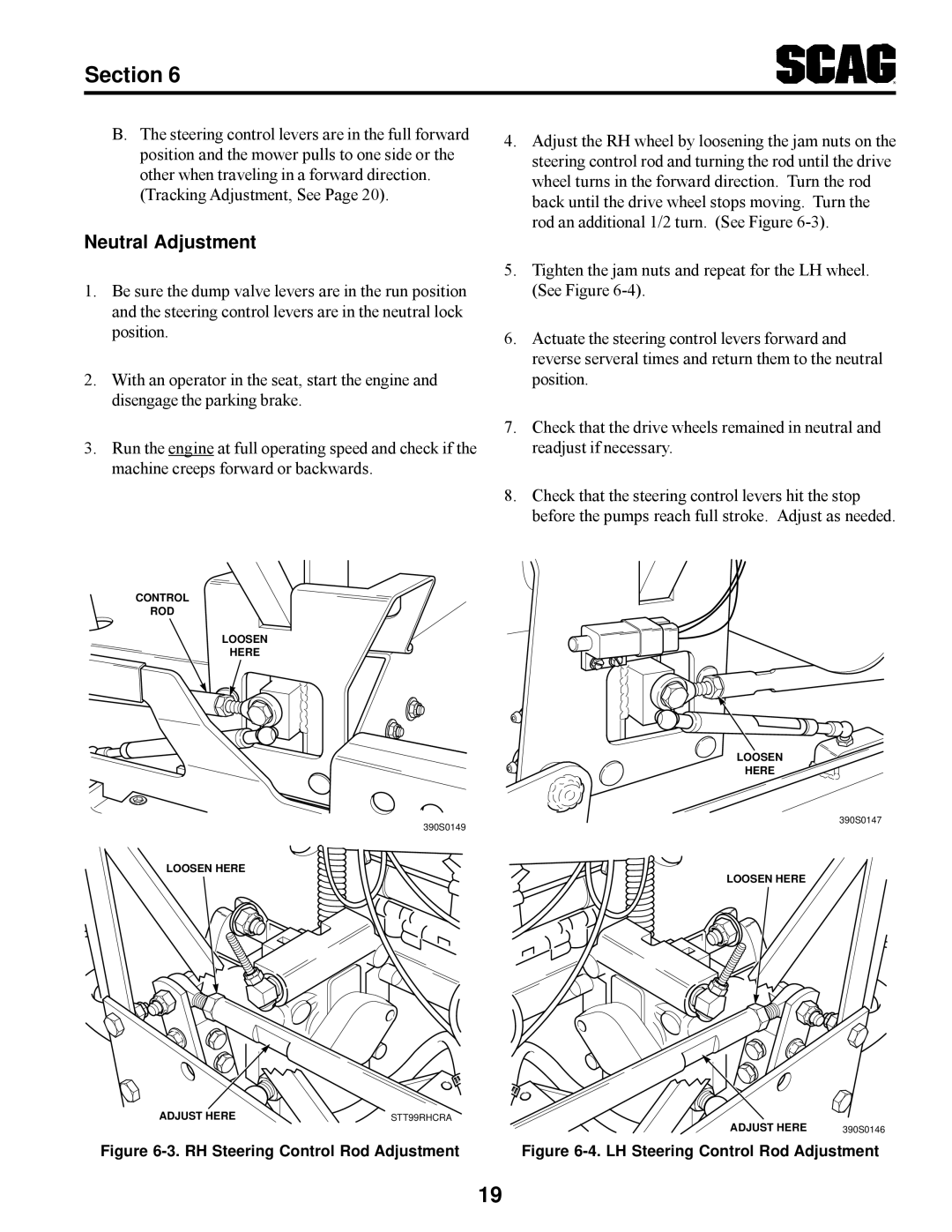 Scag Power Equipment STT manual Neutral Adjustment, RH Steering Control Rod Adjustment 