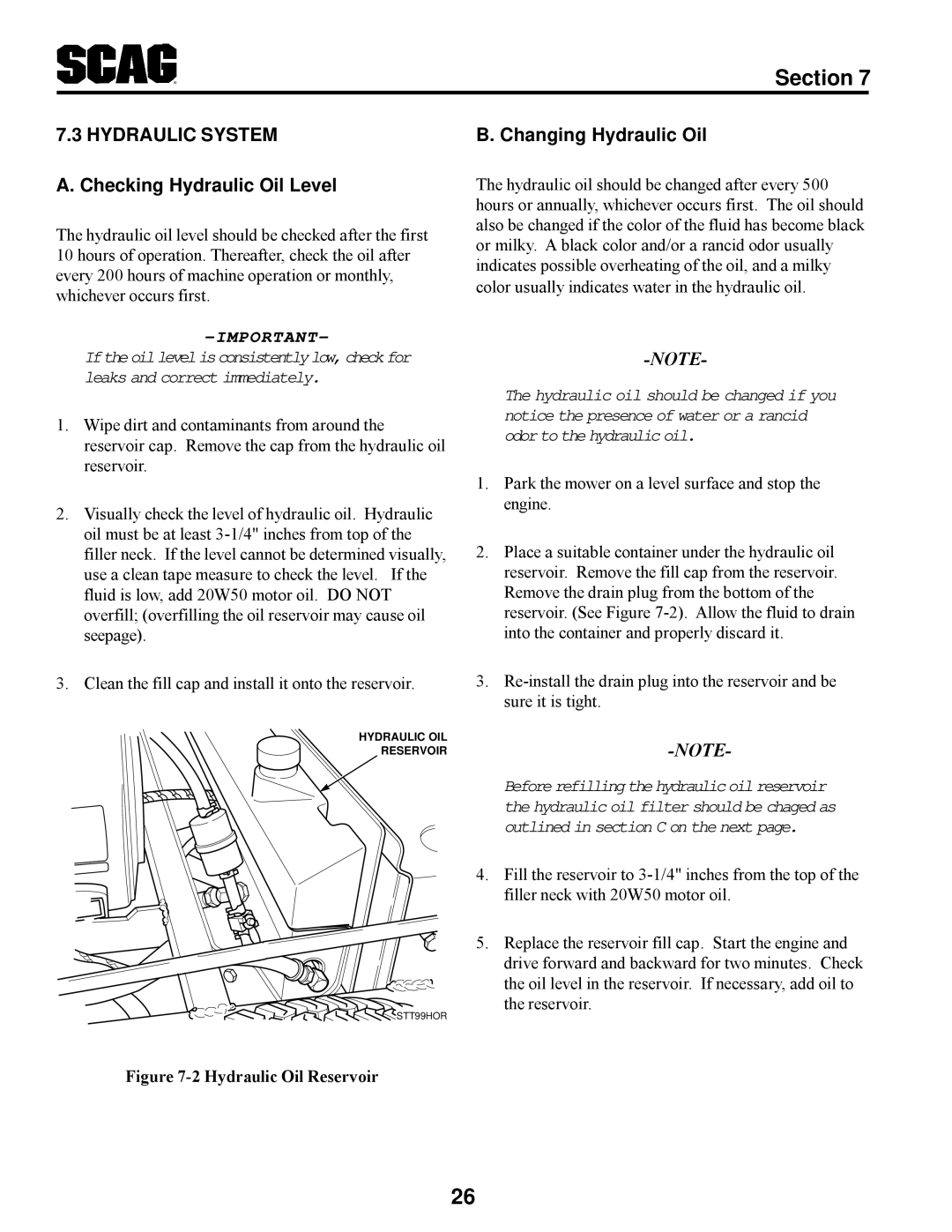 Scag Power Equipment STT manual Checking Hydraulic Oil Level, Changing Hydraulic Oil 