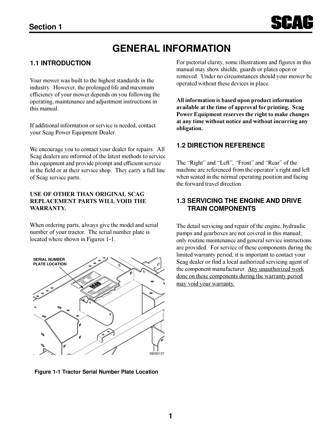 Scag Power Equipment STT manual Introduction, Direction Reference, Servicing the Engine and Drive Train Components 