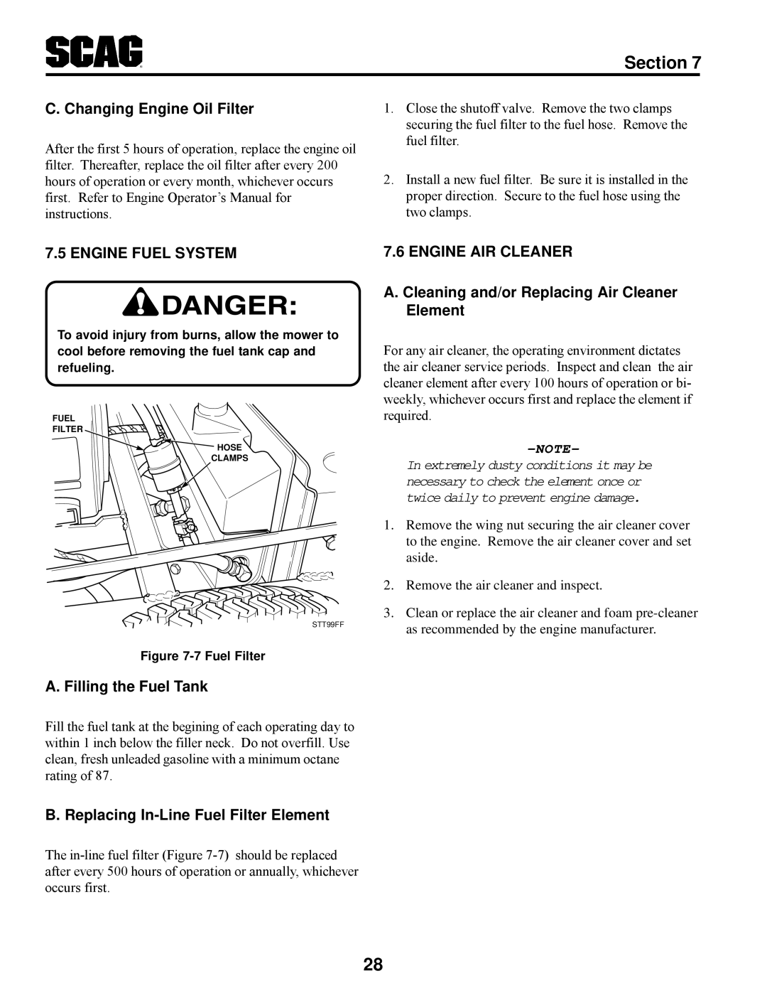 Scag Power Equipment STT manual Engine Fuel System, Engine AIR Cleaner 