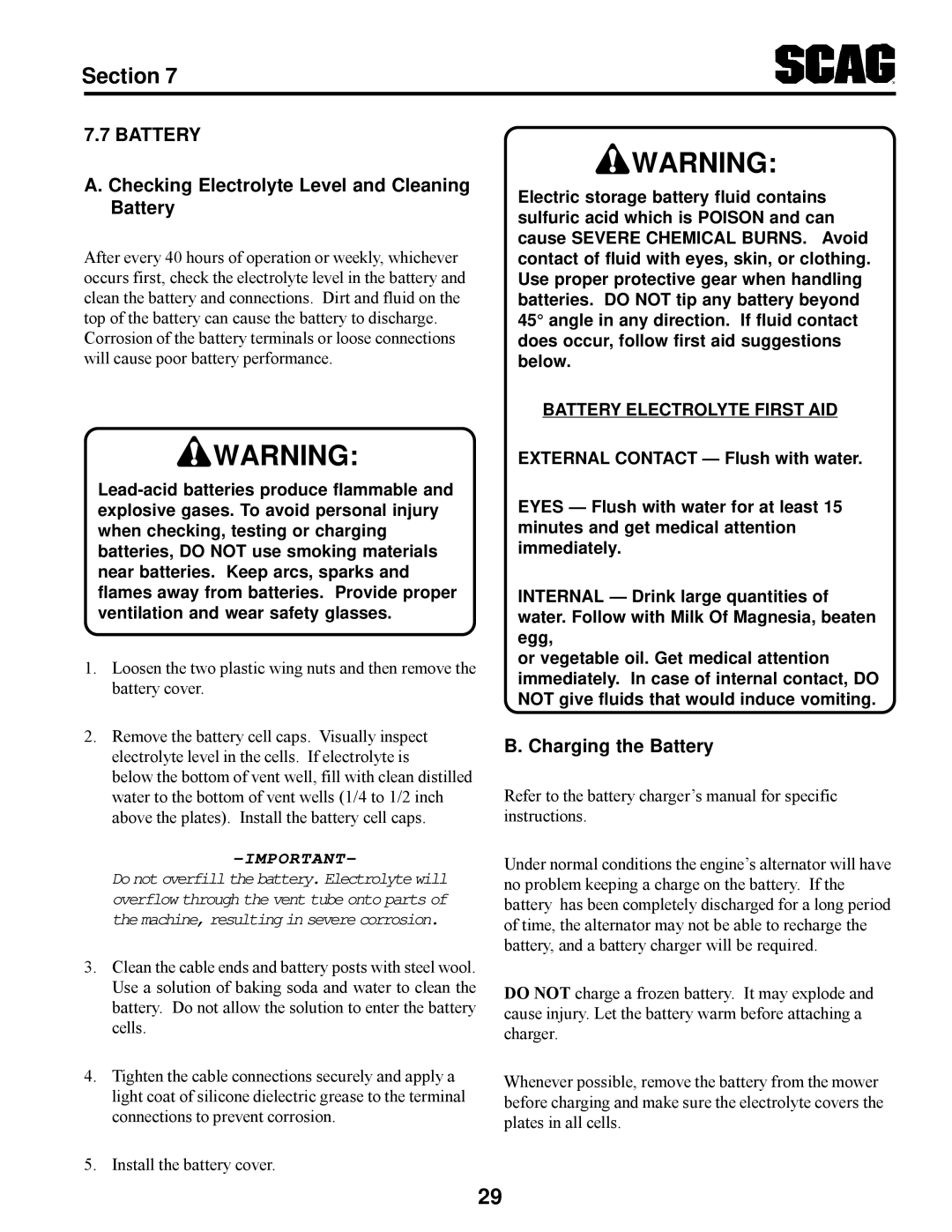 Scag Power Equipment STT manual Checking Electrolyte Level and Cleaning Battery, Charging the Battery 