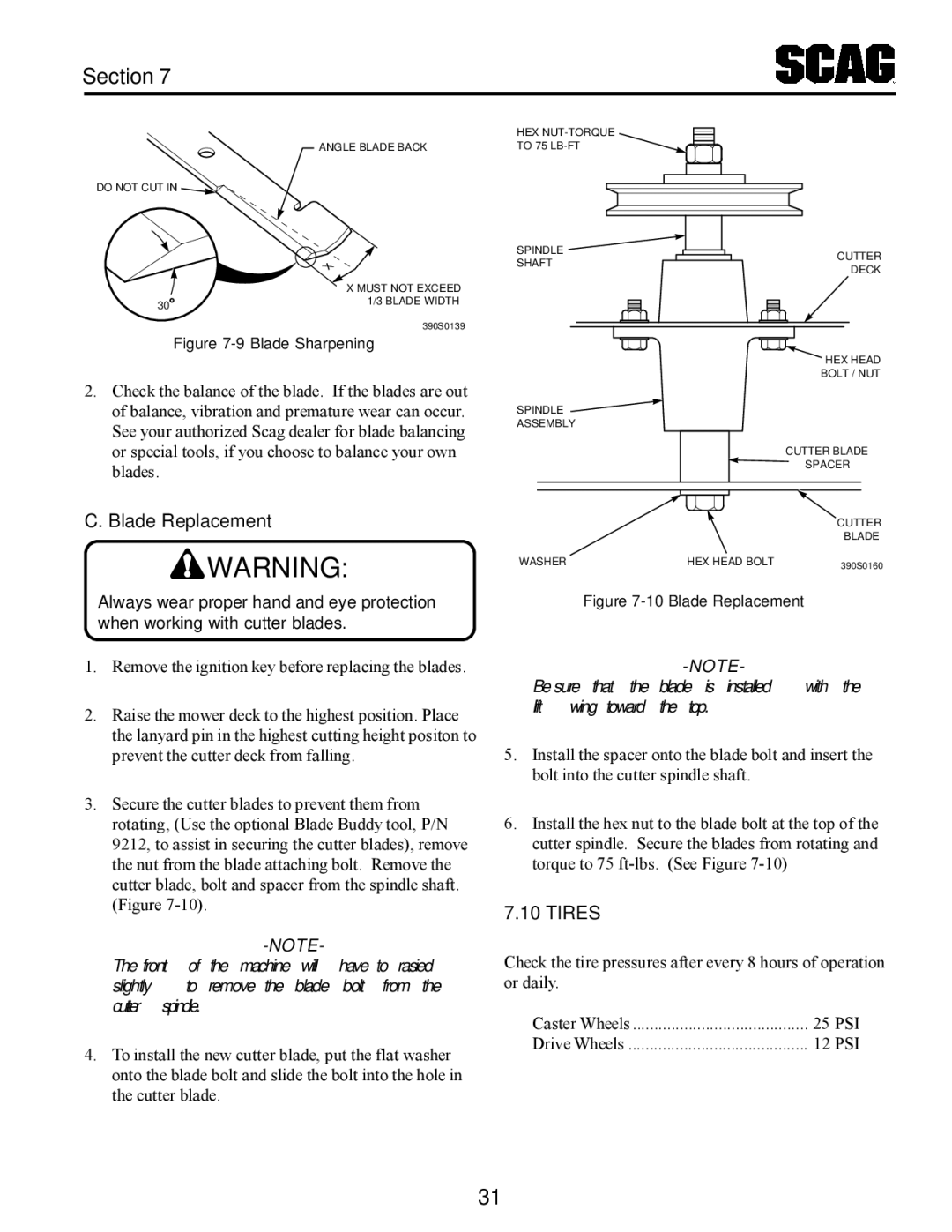 Scag Power Equipment STT manual Blade Replacement, Tires 