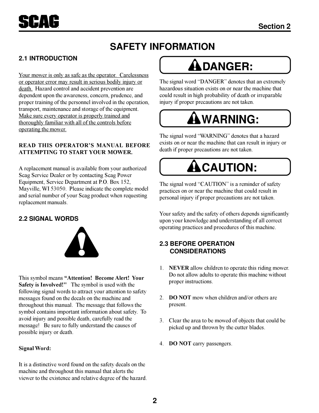 Scag Power Equipment STT manual Signal Words, Before Operation Considerations 