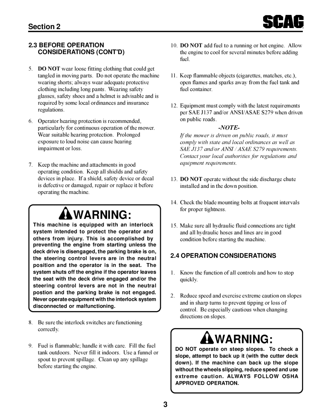 Scag Power Equipment STT manual Before Operation Considerations Contd 