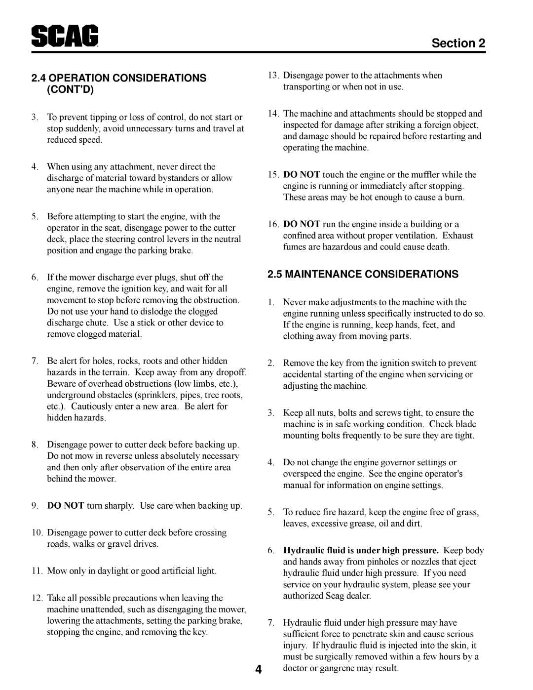 Scag Power Equipment STT manual Operation Considerations Contd, Maintenance Considerations 