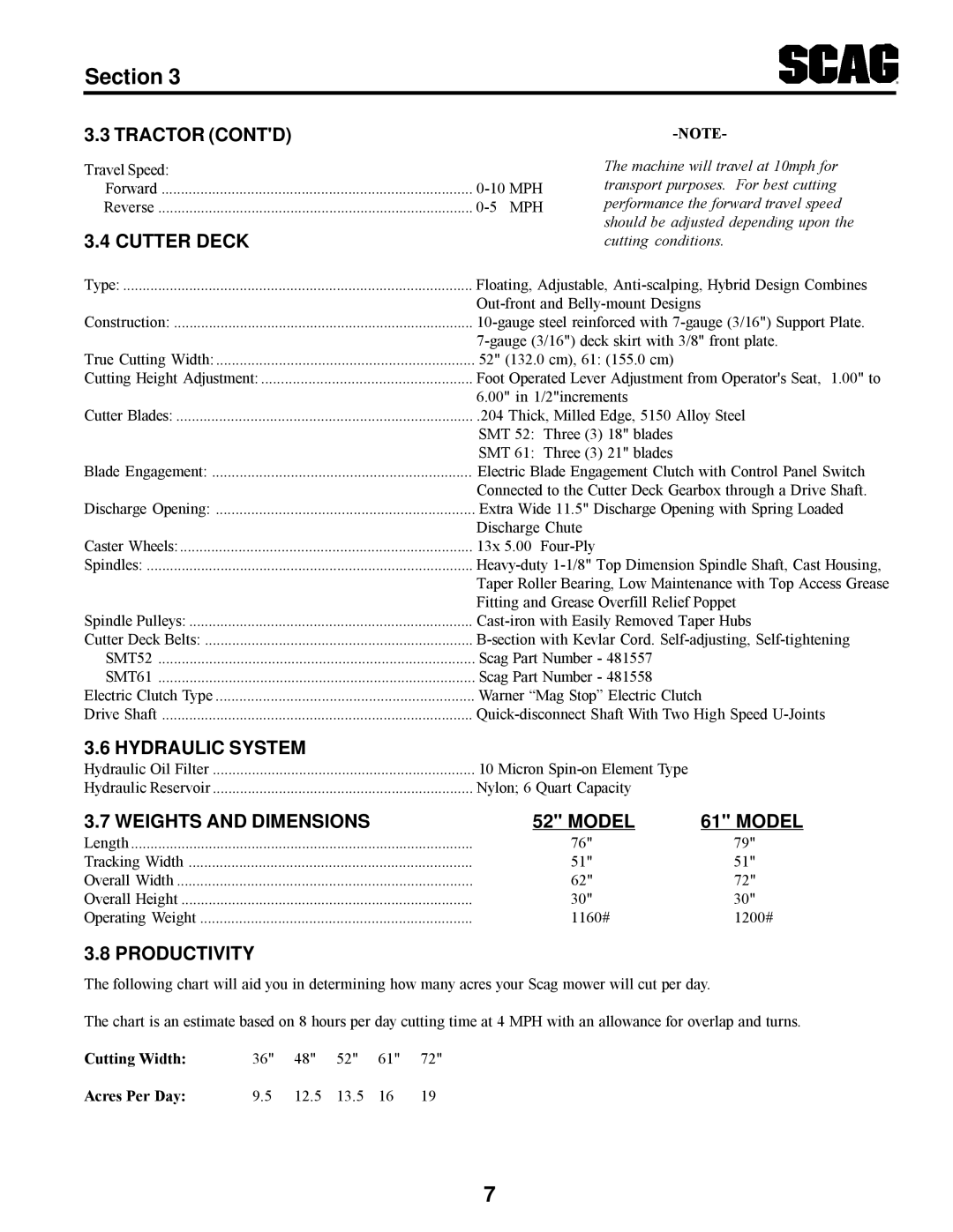 Scag Power Equipment STT manual Tractor Contd, Cutter Deck, Hydraulic System, Weights and Dimensions Model, Productivity 