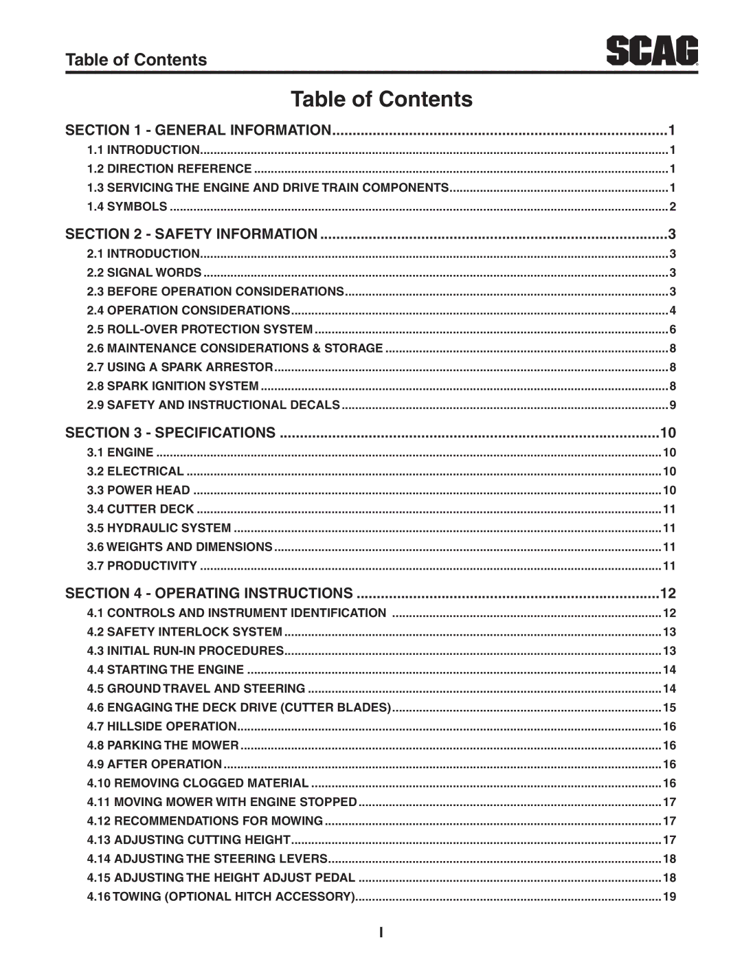 Scag Power Equipment STT61V-25CH-LP, STT52V-25CH-LP operating instructions Table of Contents 