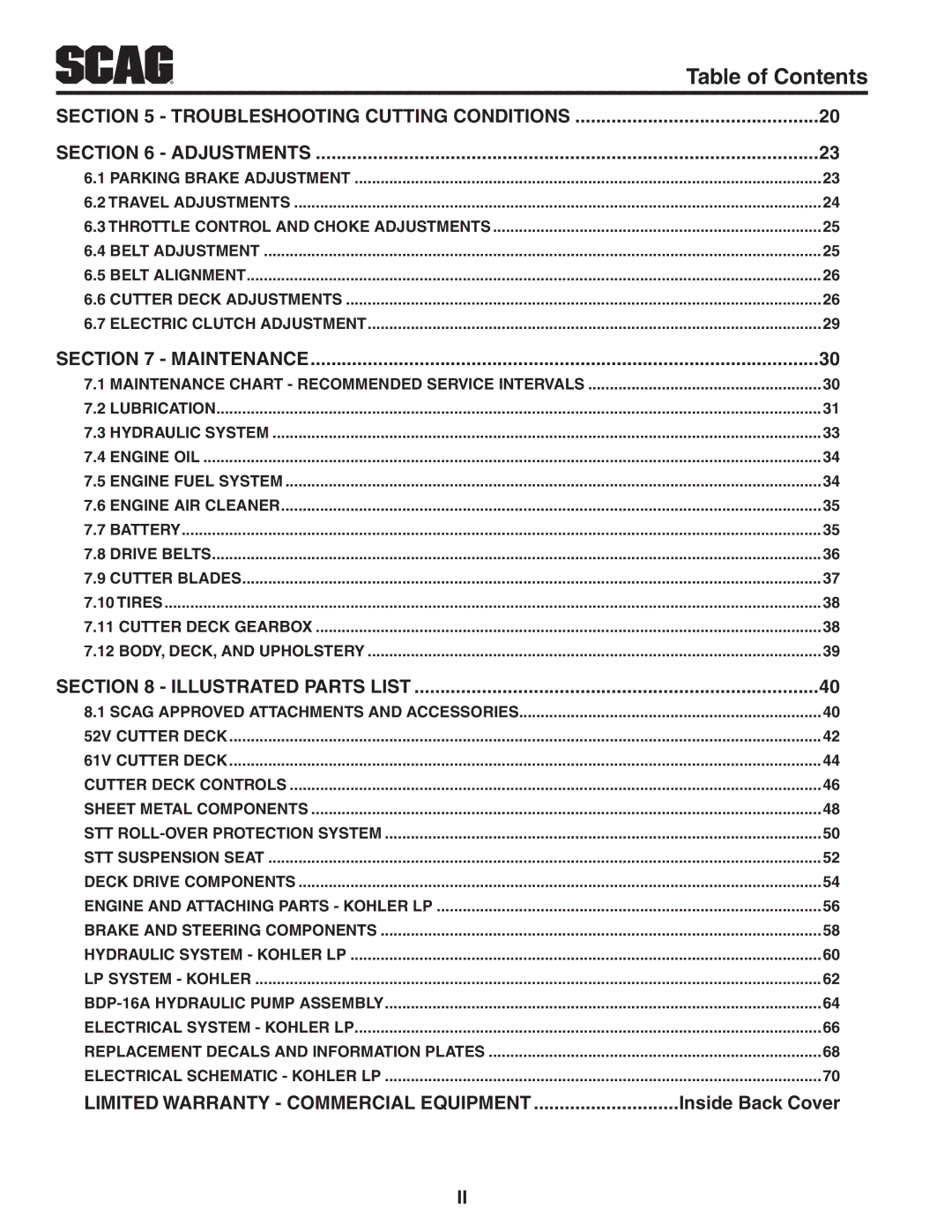 Scag Power Equipment STT52V-25CH-LP, STT61V-25CH-LP Inside Back Cover, Troubleshooting Cutting Conditions Adjustments 