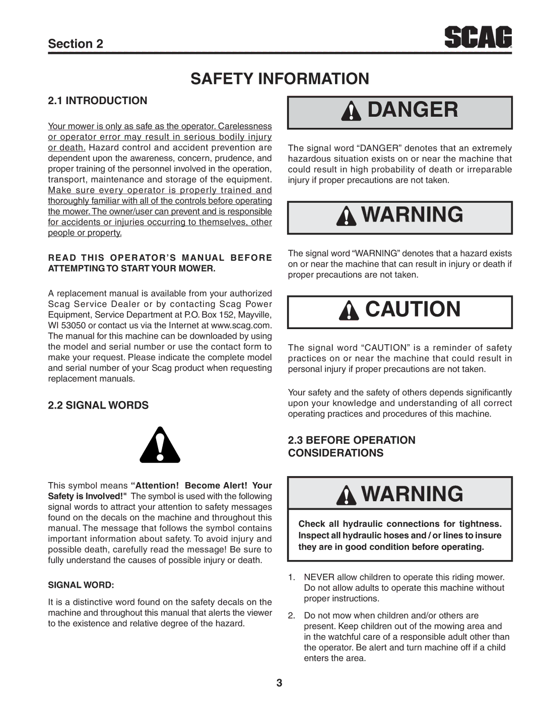 Scag Power Equipment STT61V-25CH-LP, STT52V-25CH-LP Safety Information, Signal Words, Before Operation Considerations 