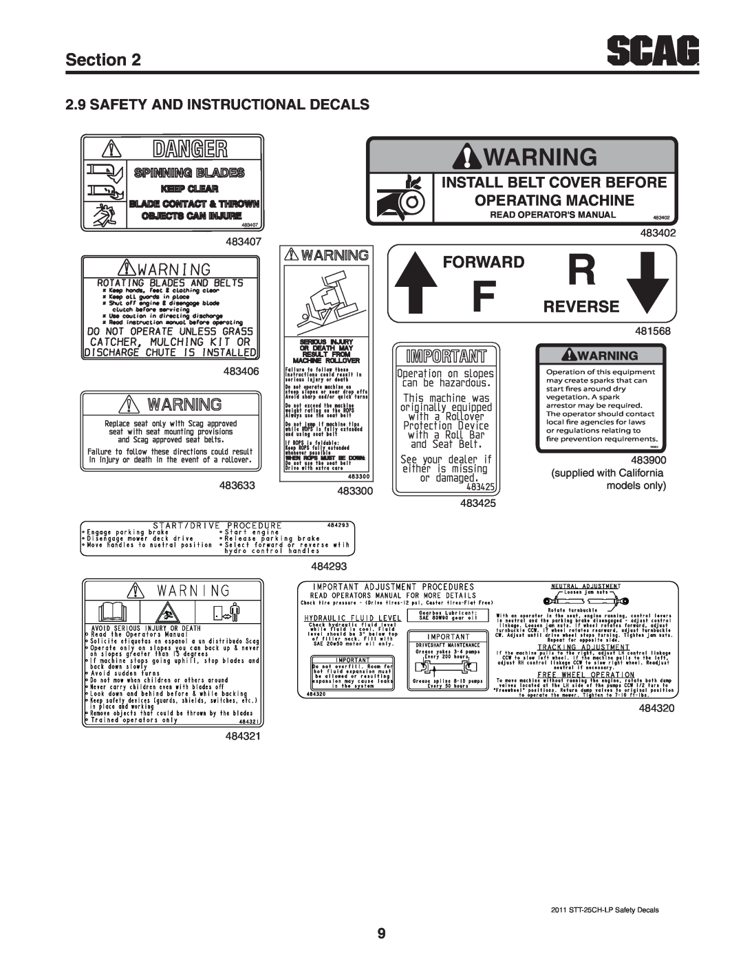 Scag Power Equipment STT61V-25CH-LP Section, Reverse, Forward, Safety And Instructional Decals, 483407, 481568, 483406 
