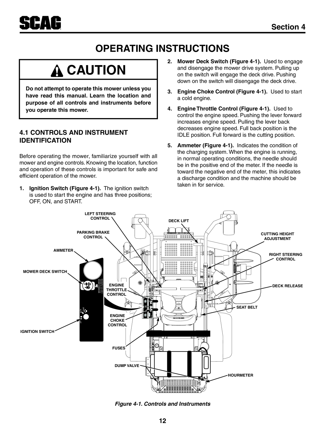 Scag Power Equipment STT52V-25CH-LP Operating Instructions, Controls And Instrument Identification, Section 