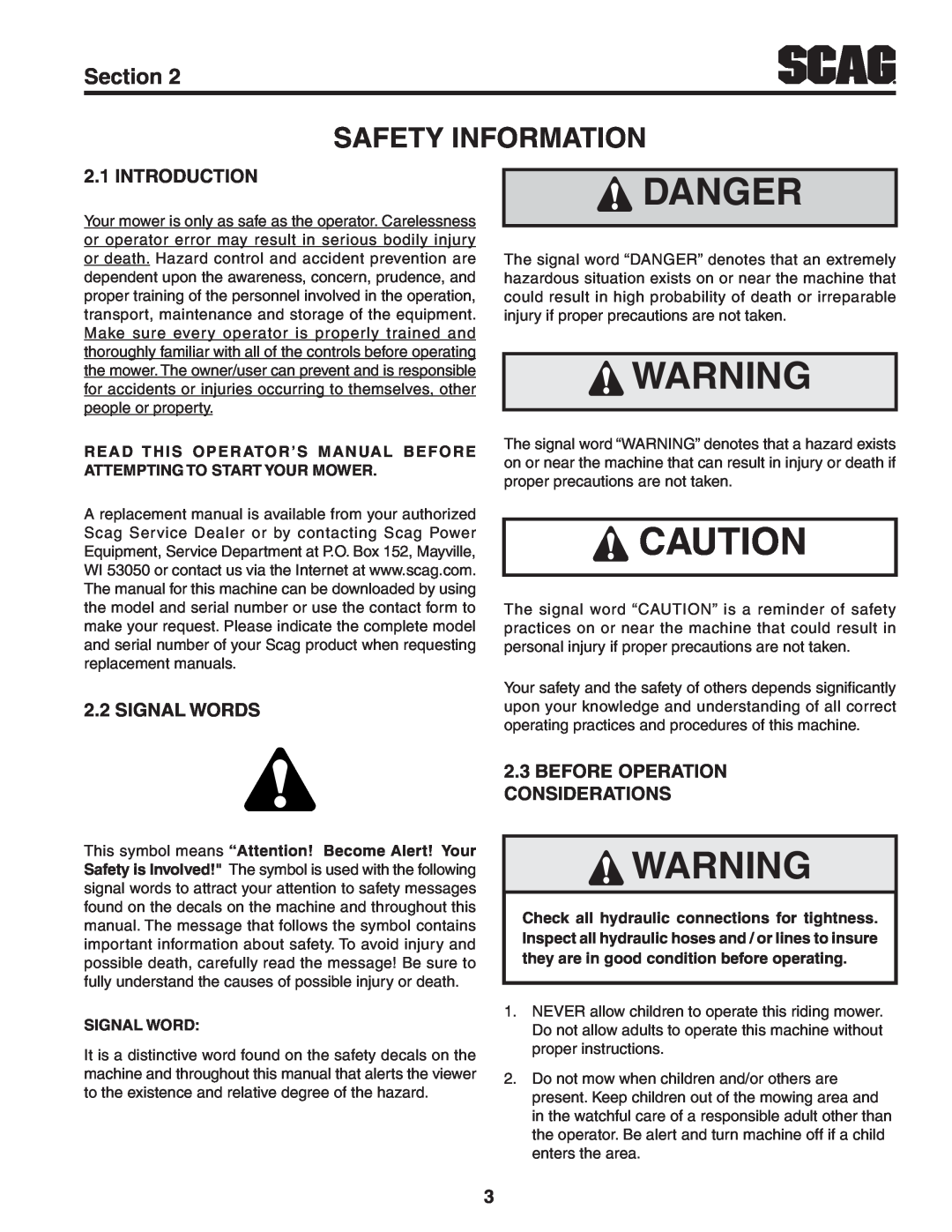 Scag Power Equipment STT61V-25CH-LP, STT52V-25CH-LP Danger, Safety Information, Introduction, Signal Words, Section 