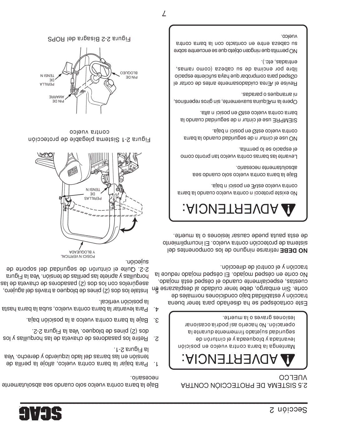 Scag Power Equipment STT61V-25KBD-SS manual Vuelco Contra Protección DE Sistema 