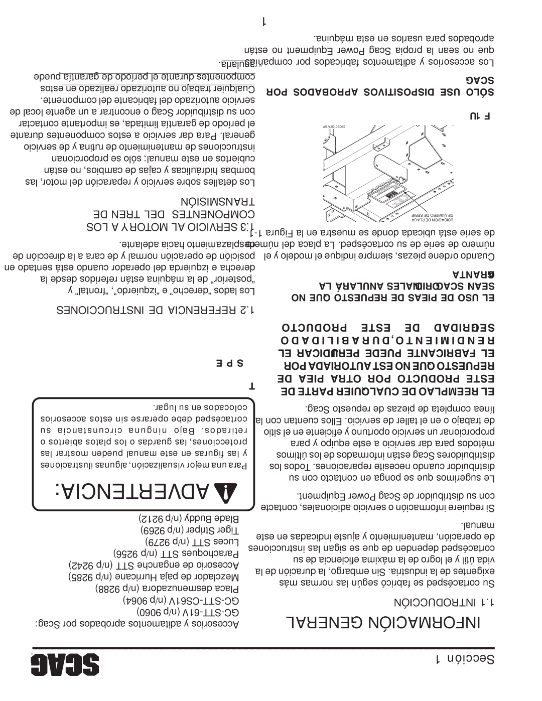 Scag Power Equipment STT61V-25KBD-SS manual Instrucciones DE Referencia, Introducción 1.1 General Información 