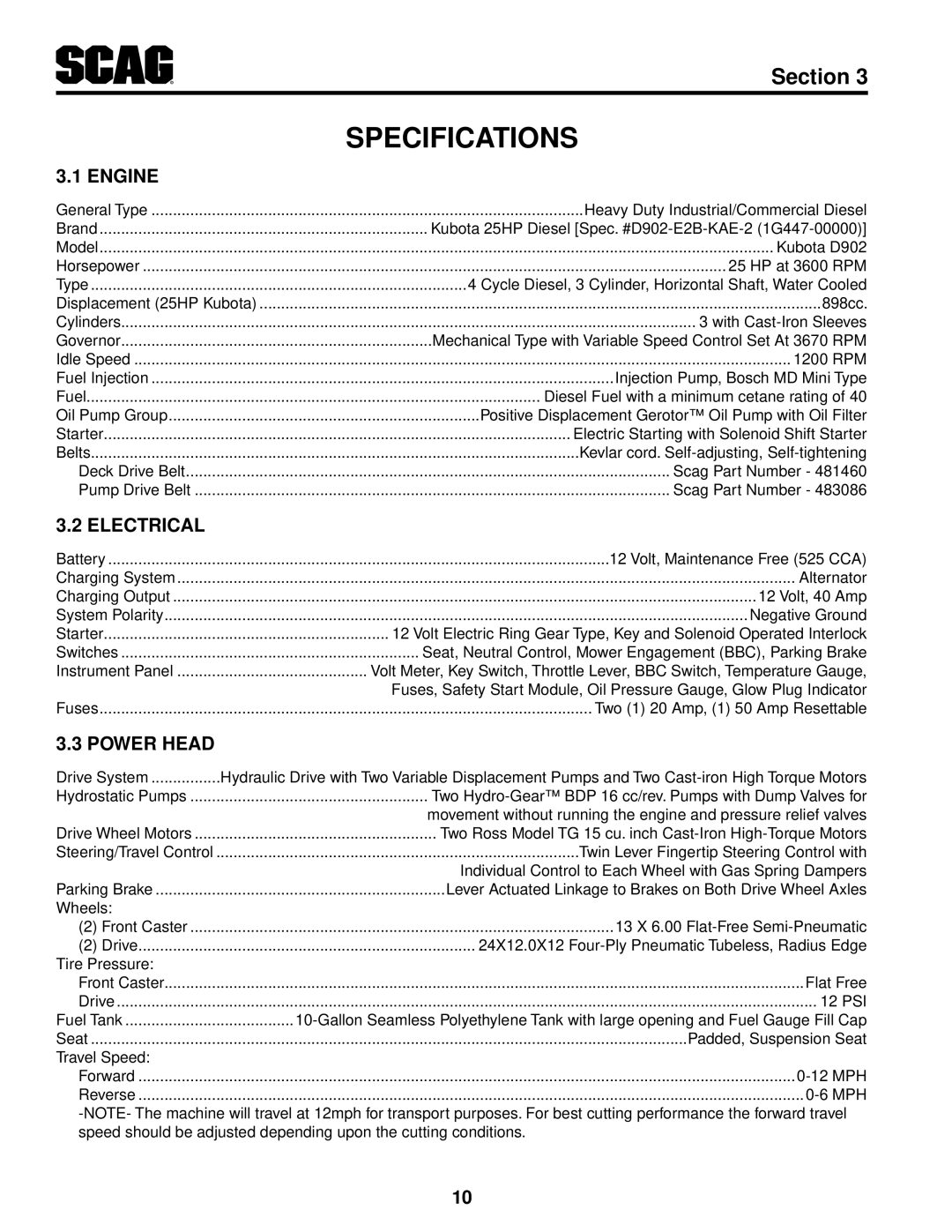 Scag Power Equipment STT61V-25KBD-SS manual Specifications, Engine, Electrical, Power Head 