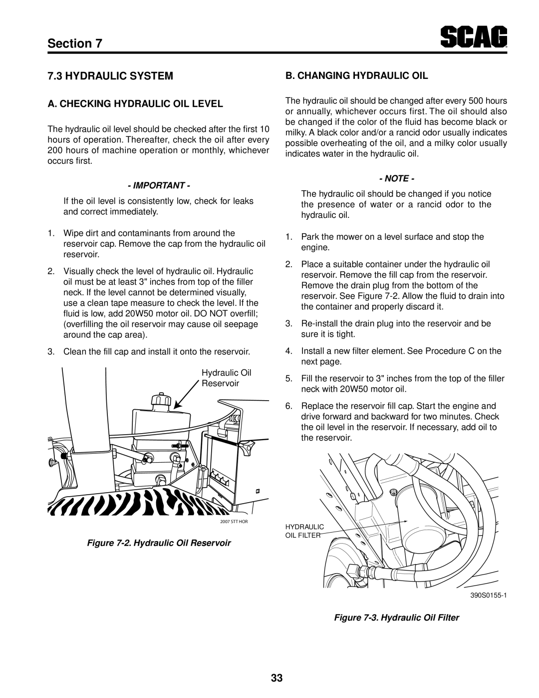 Scag Power Equipment STT61V-25KBD-SS manual Checking Hydraulic Oil Level, Changing Hydraulic Oil 