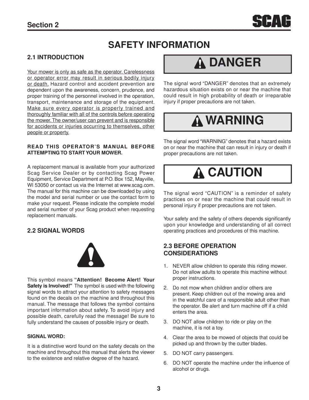 Scag Power Equipment STT61V-25KBD-SS manual Safety Information, Signal Words, Before Operation considerations 