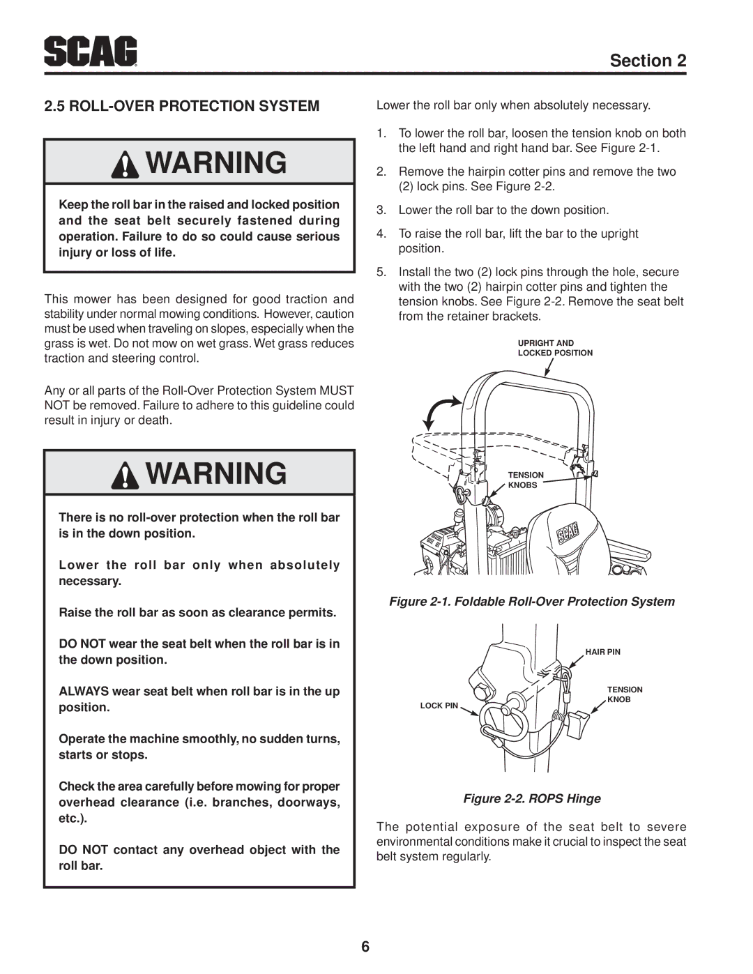 Scag Power Equipment STT61V-25KBD manual Roll-over protection system, Foldable Roll-Over Protection System 