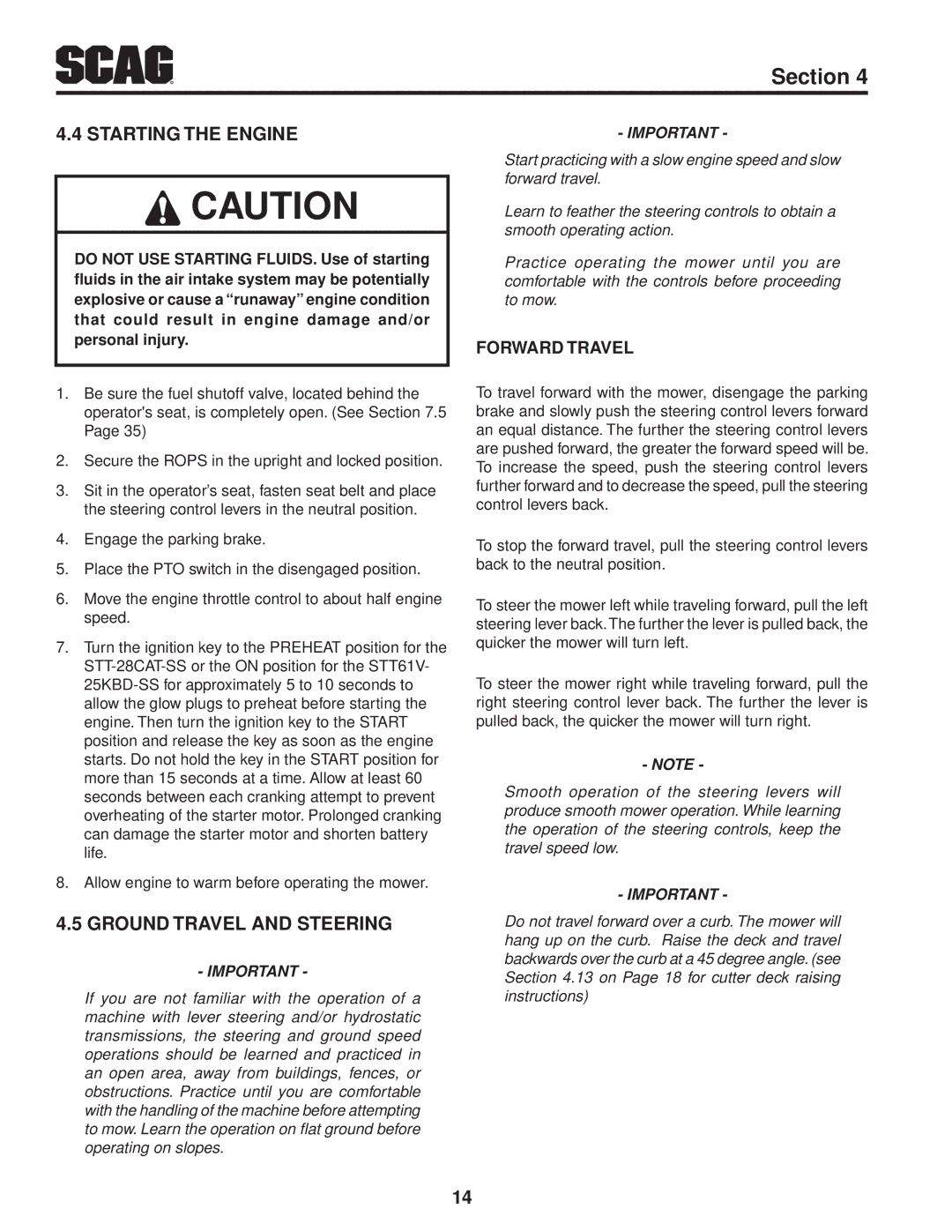 Scag Power Equipment STT61V-25KBD manual Starting the Engine, Ground Travel and Steering, Forward Travel 