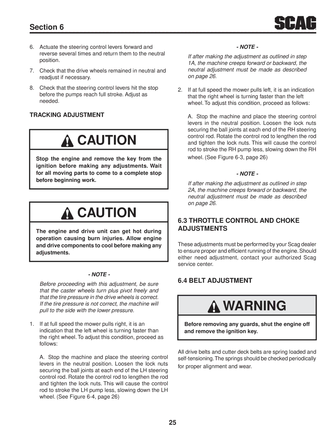 Scag Power Equipment STT61V-25KBD manual Throttle Control and Choke Adjustments, Belt Adjustment, Tracking Adjustment 