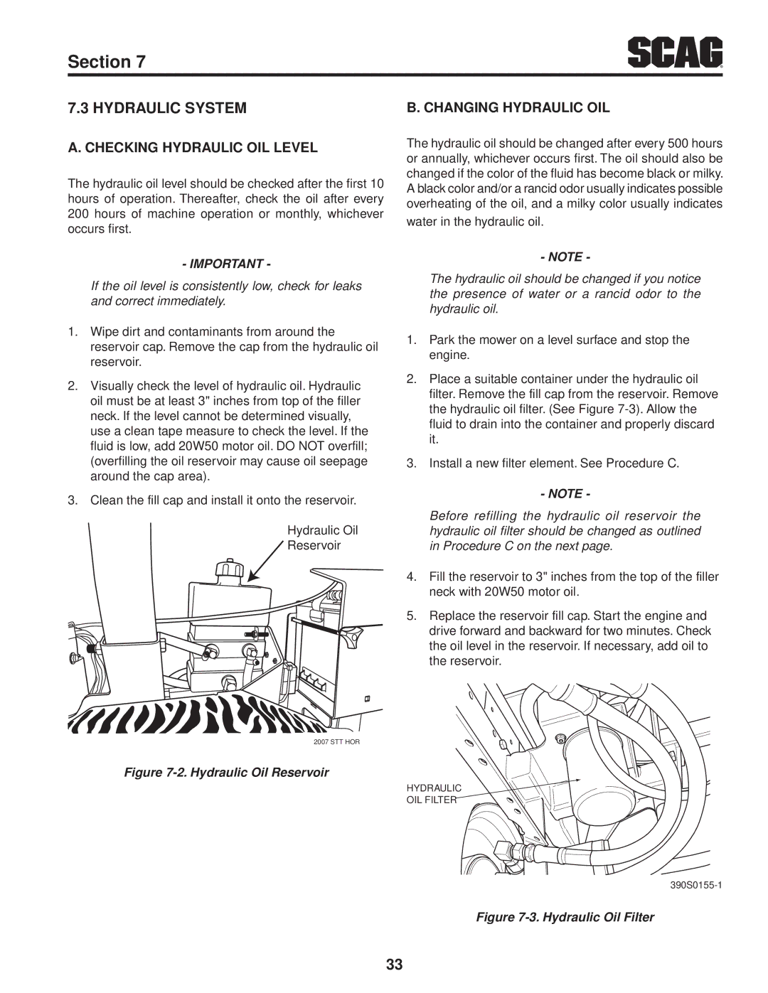 Scag Power Equipment STT61V-25KBD manual Checking Hydraulic Oil Level, Changing Hydraulic Oil 