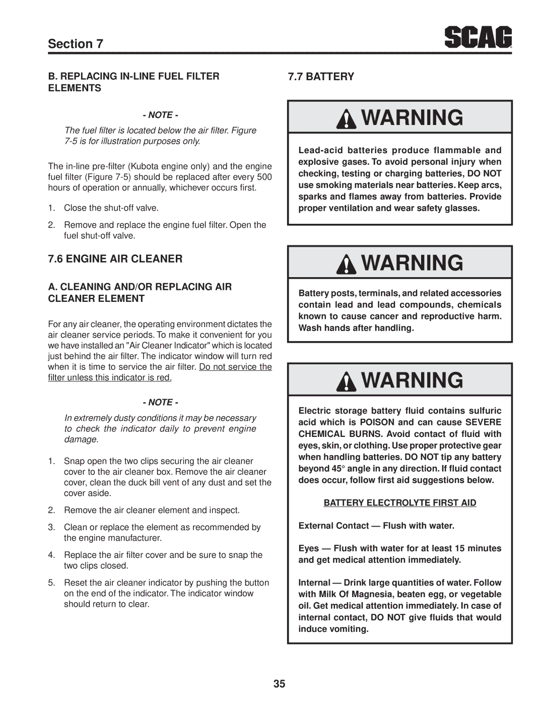 Scag Power Equipment STT61V-25KBD manual Battery, Engine Air Cleaner, Replacing In-Line Fuel Filter Elements 