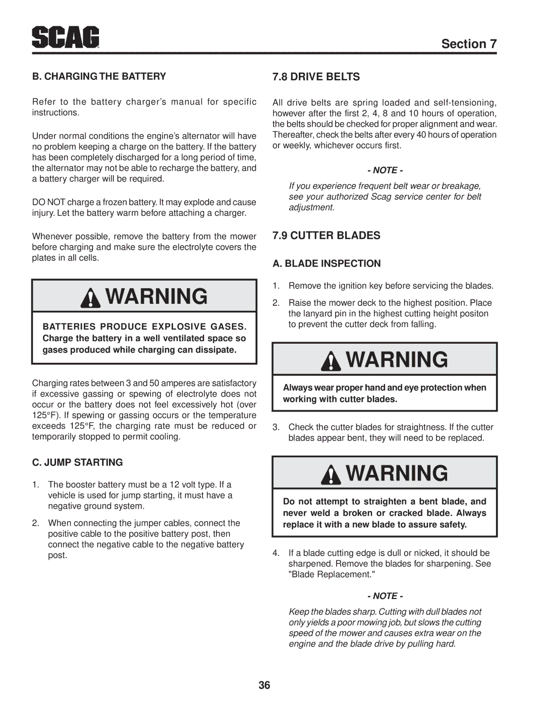 Scag Power Equipment STT61V-25KBD manual Cutter Blades, Charging the Battery, Blade Inspection, Jump Starting 