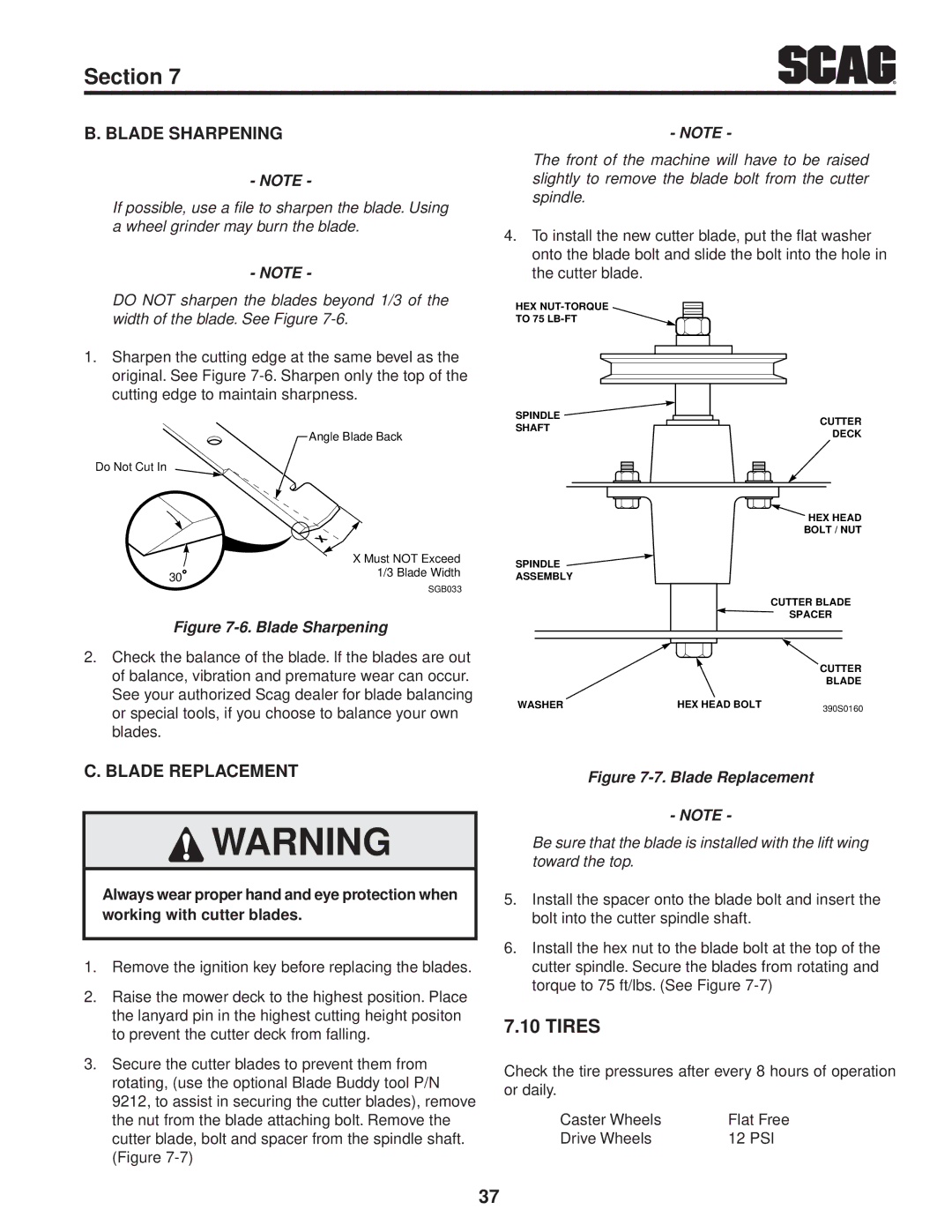 Scag Power Equipment STT61V-25KBD manual Tires, Blade Sharpening, Blade Replacement 