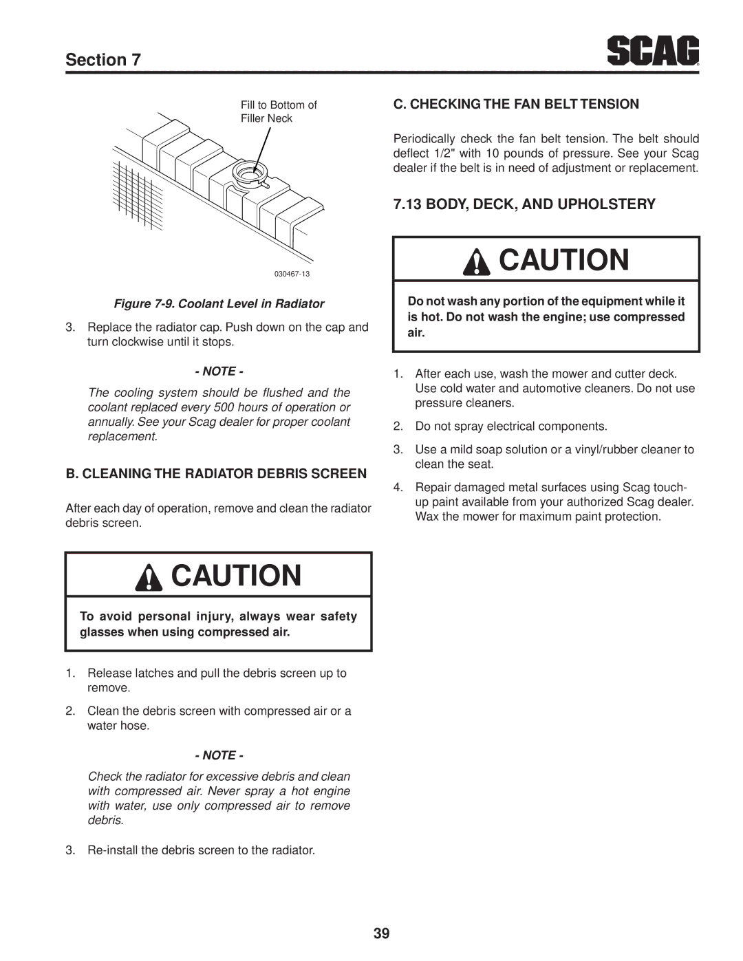 Scag Power Equipment STT61V-25KBD manual BODY, DECK, and Upholstery, Cleaning the Radiator Debris Screen 