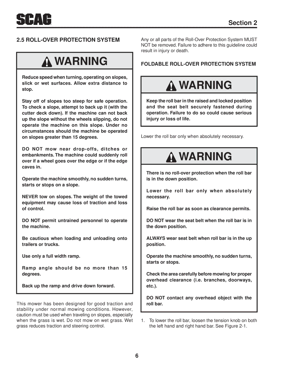 Scag Power Equipment STT61V-29KB-DF manual Roll-Over Protection System, Foldable Roll-over protection system 