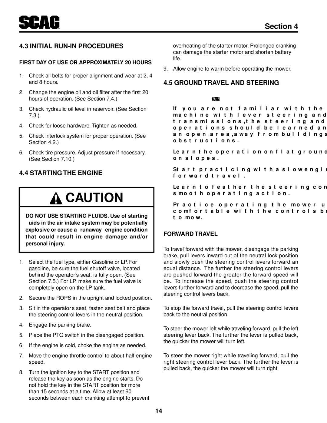 Scag Power Equipment STT61V-29KB-DF manual Initial Run-In Procedures, Starting The Engine, Ground Travel And Steering 