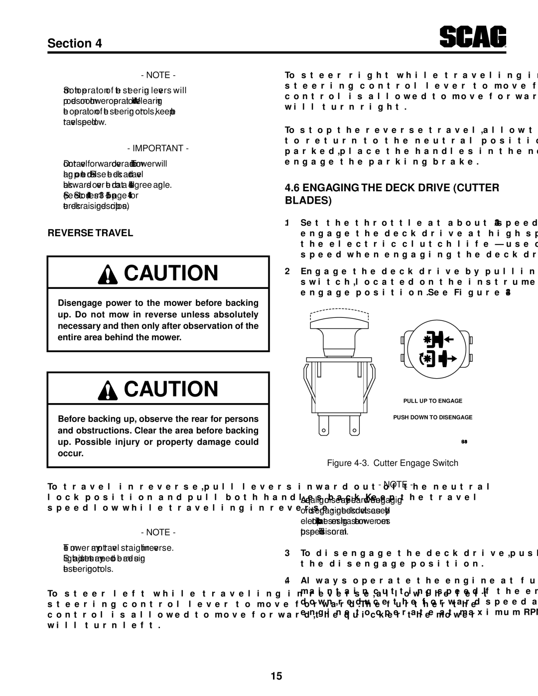 Scag Power Equipment STT61V-29KB-DF manual Engaging The Deck Drive Cutter Blades, Reverse Travel 