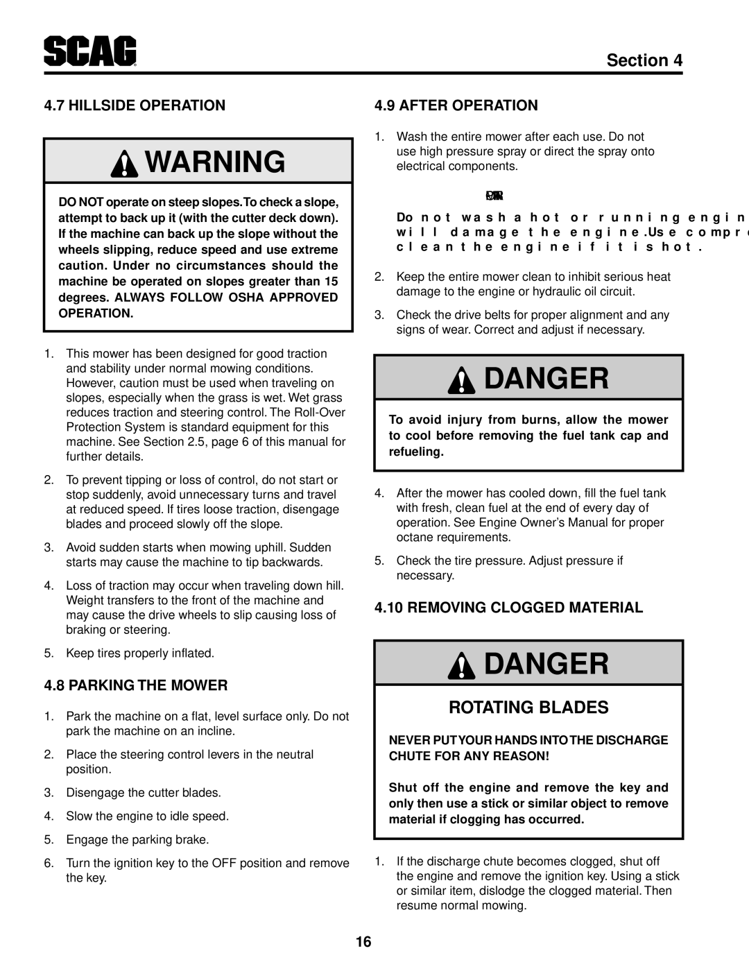 Scag Power Equipment STT61V-29KB-DF manual Rotating Blades, Hillside Operation, Parking The Mower, After Operation 