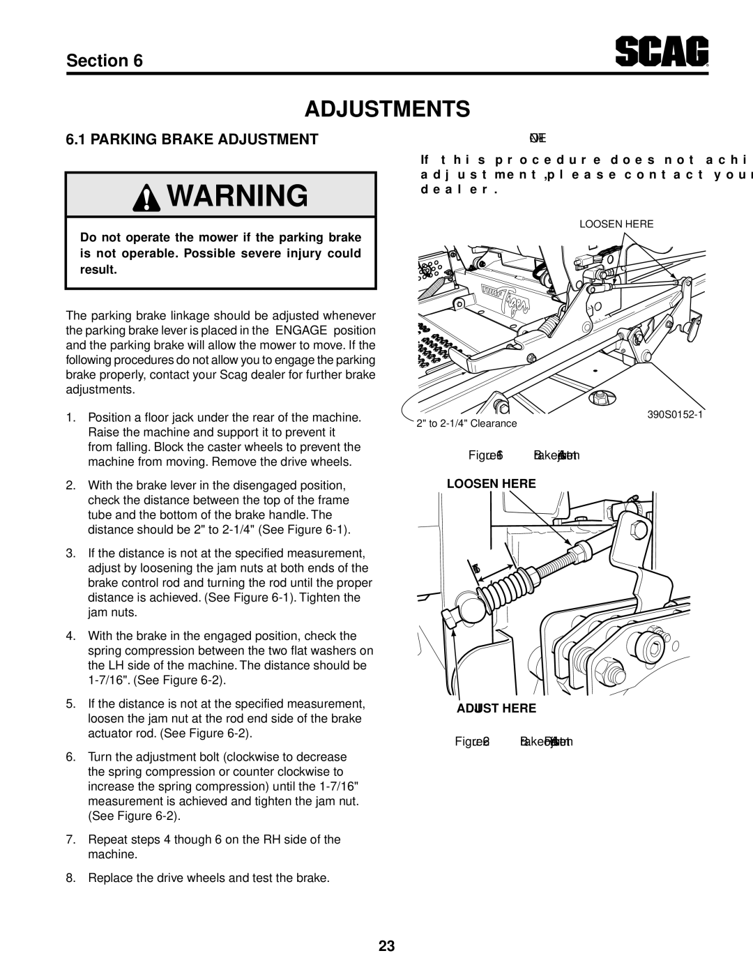 Scag Power Equipment STT61V-29KB-DF manual Adjustments, Parking Brake Adjustment 