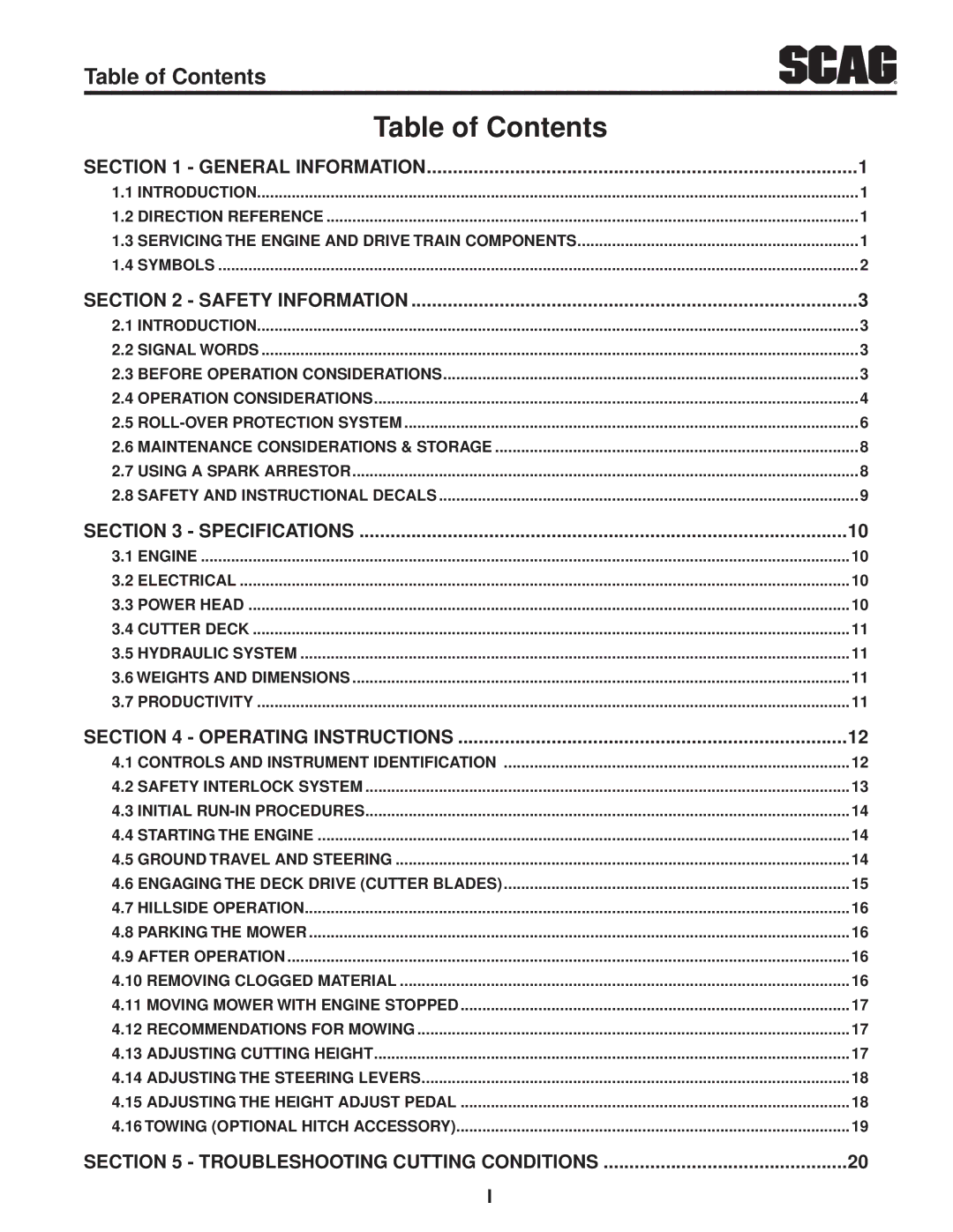 Scag Power Equipment STT61V-29KB-DF manual Table of Contents 