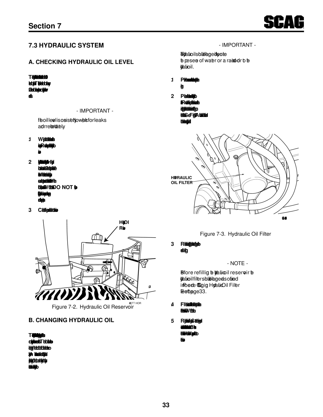 Scag Power Equipment STT61V-29KB-DF manual Checking Hydraulic Oil Level, Changing Hydraulic Oil 